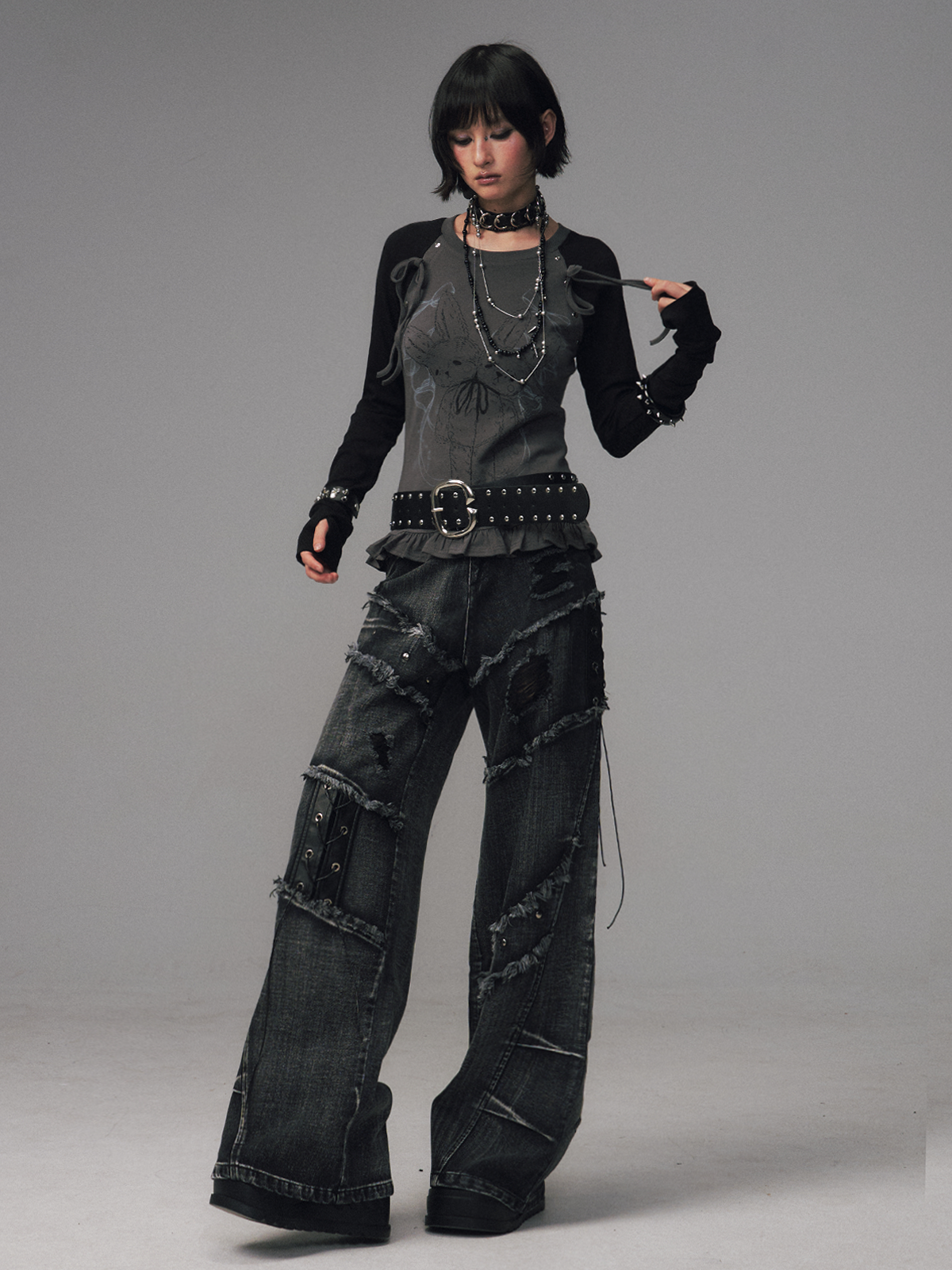 Street Punk Lace-up Studded Jeans FRU0124