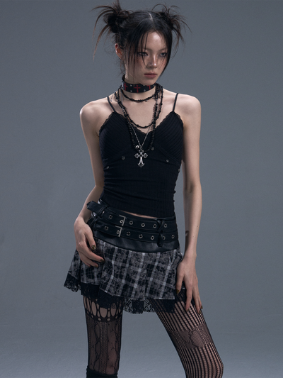 Punk Rock Plaid Double Belt Skirt FRU0091