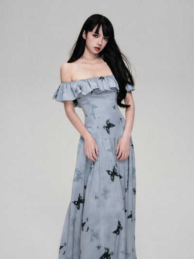 Water Blue Dreamy French One Shoulder Butterfly Printed Dress LUL0077