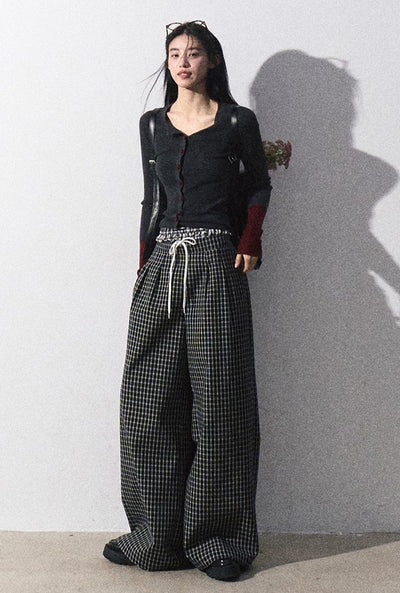 Drawstring Plaid Straight Lazy Sim Wide-leg Casual Pants/Shorts OAK0305