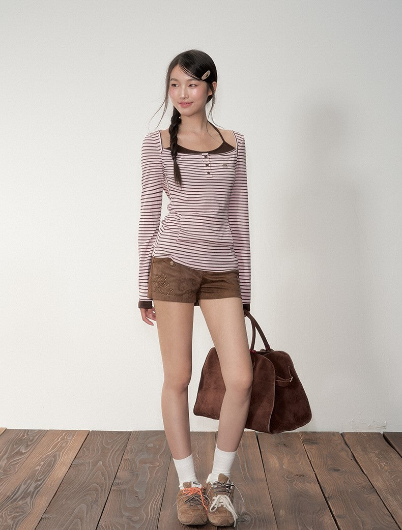 Fake two-piece Striped Hooded T-shirt SOO0024
