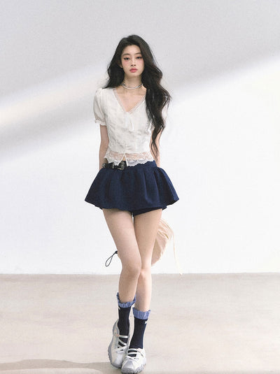 Lace V-neck Puff Sleeve Shirt DIA0521
