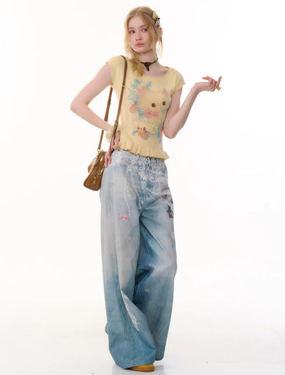 Chain Print Wide Leg Blue Jeans ZIZ0282
