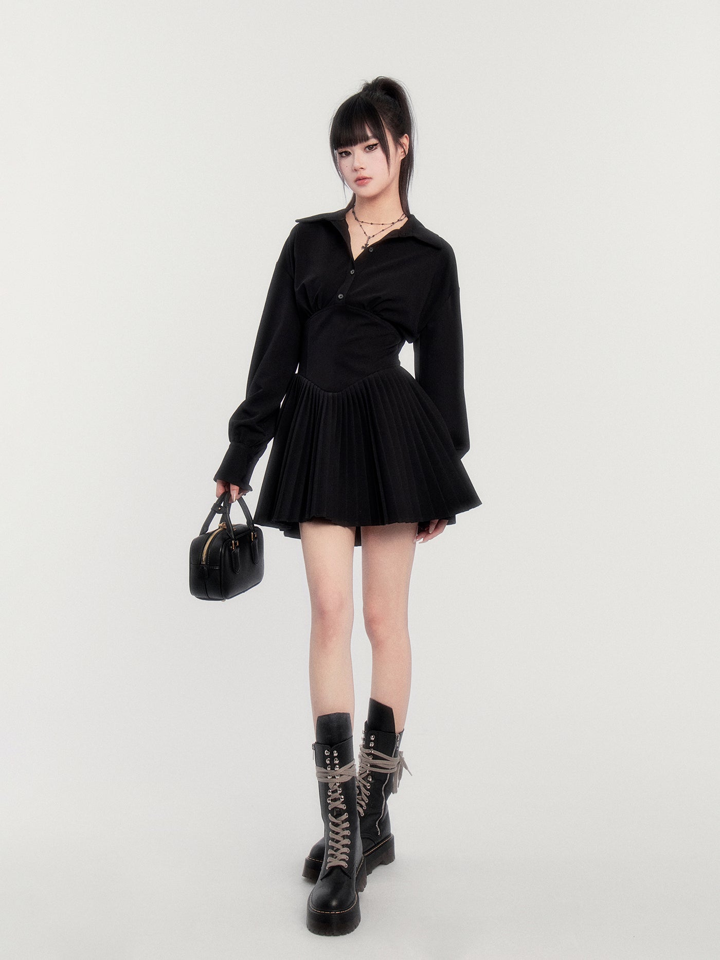 Backless Pleated Shirt Dress VOC0420