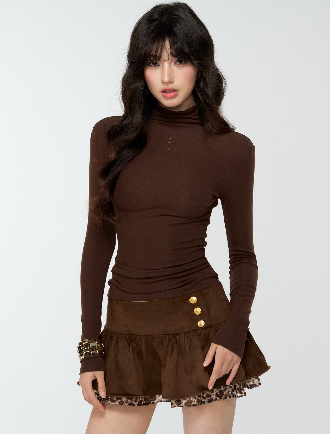 Suede Pleated Leopard Print Short Skirt 4MU0174