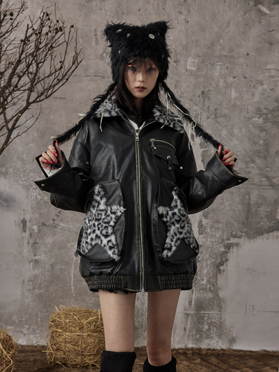 Leopard Star Large Pocket Leather Jacket FRU0070