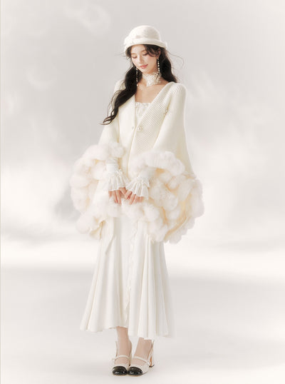 White Nine-tailed Fur Ball Knitted Cape BBB0092