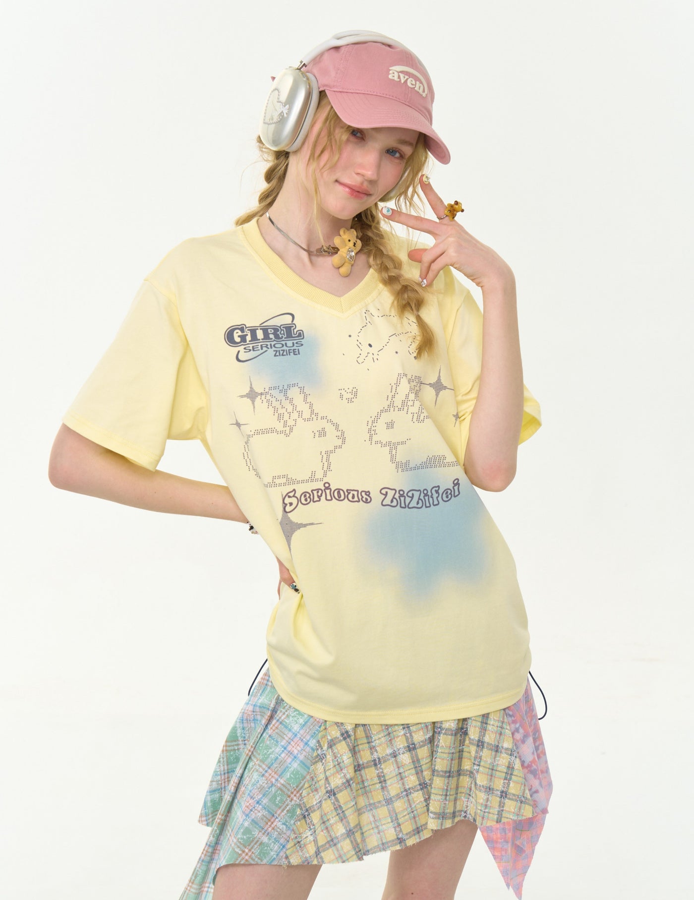 Drawstring Rabbit Print V-neck T-shirt ZIZ0268