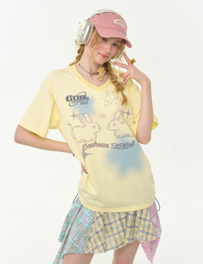 Drawstring Rabbit Print V-neck T-shirt ZIZ0268