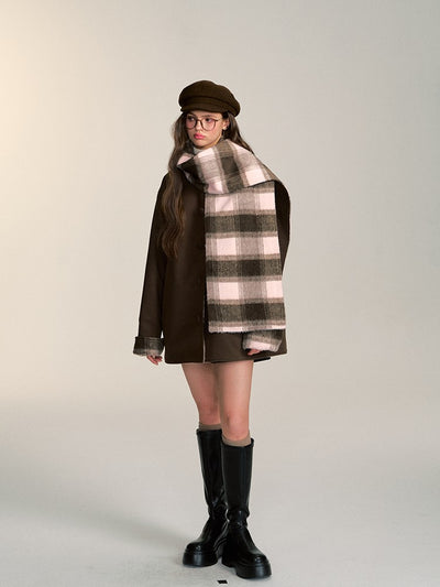 Double-sided With Scarf Retro Casual Plaid Short Woolen Coat QDQ0083