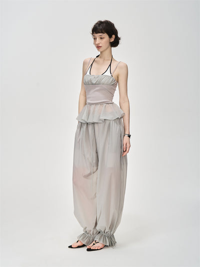 Translucent Pleated Loose Drawstring Pants CUR0231