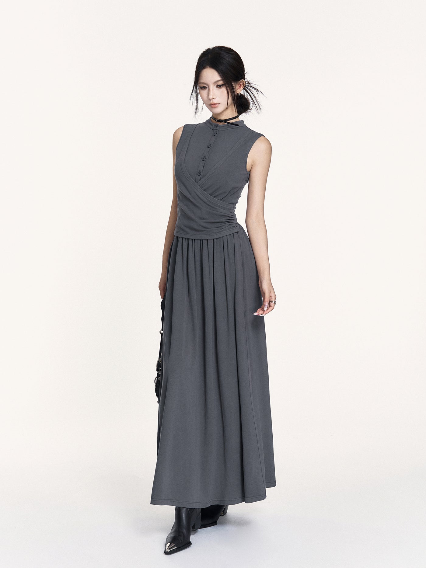 Stand Collar Stretch Long Dress VOC0442
