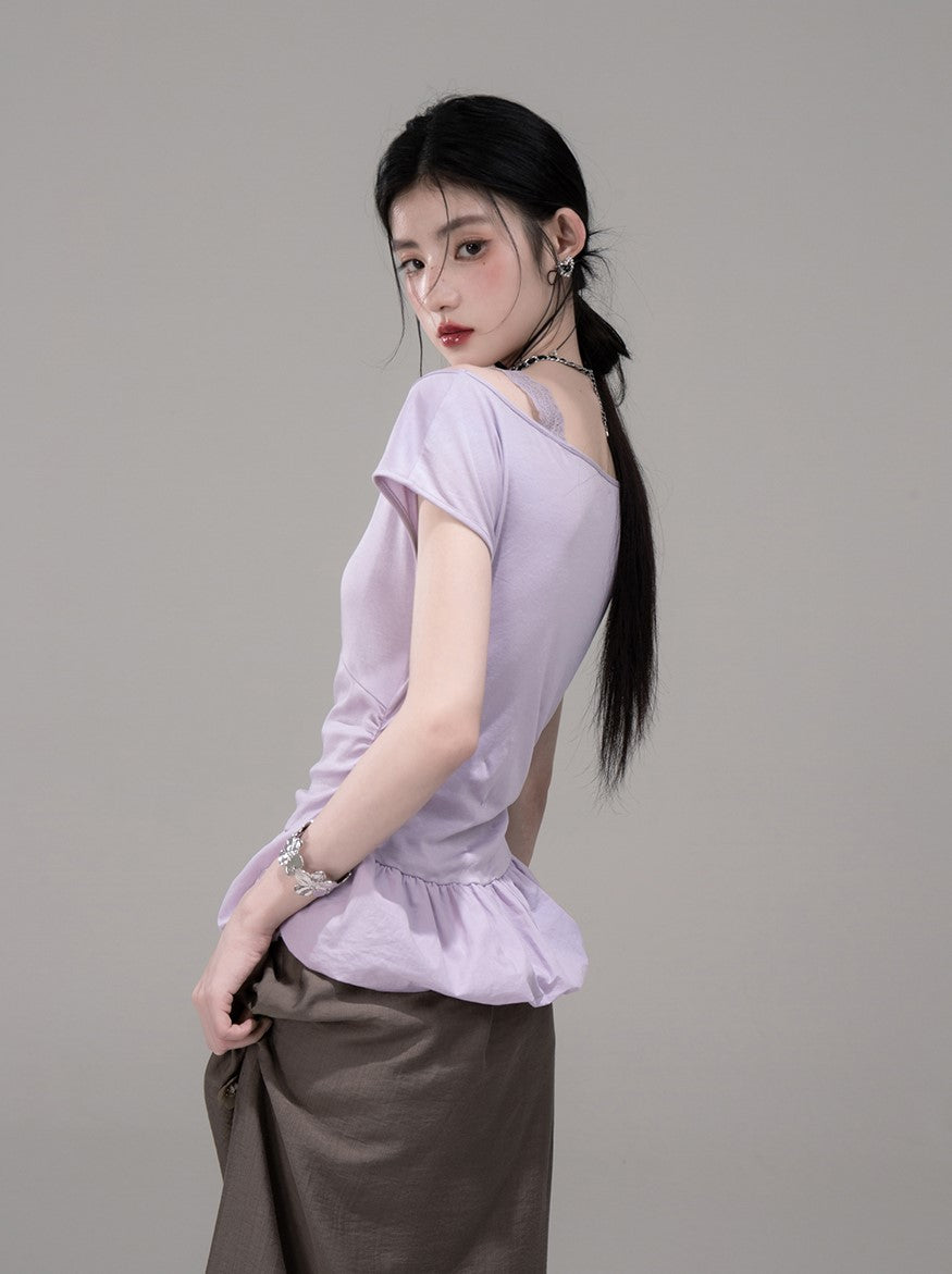 Purple Waist Slim Short Sleeve T-shirt COT0306