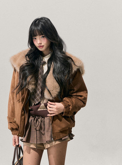 Brown Quilted Thick Detachable Fur Collar Jacket DIA0743