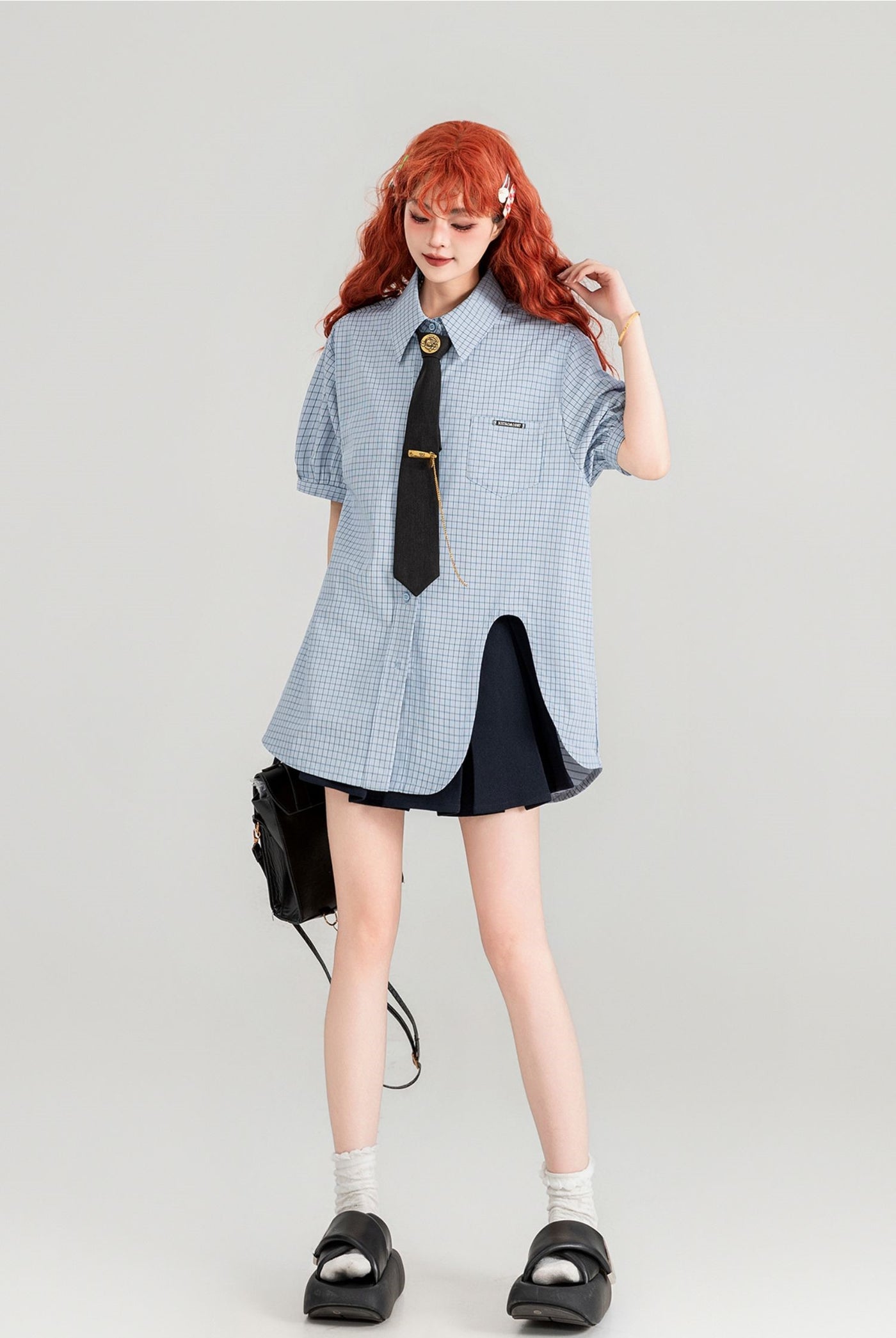 Blue Plaid Short-sleeved Shirt/Pleated Skirt/Black Tie KEI0091