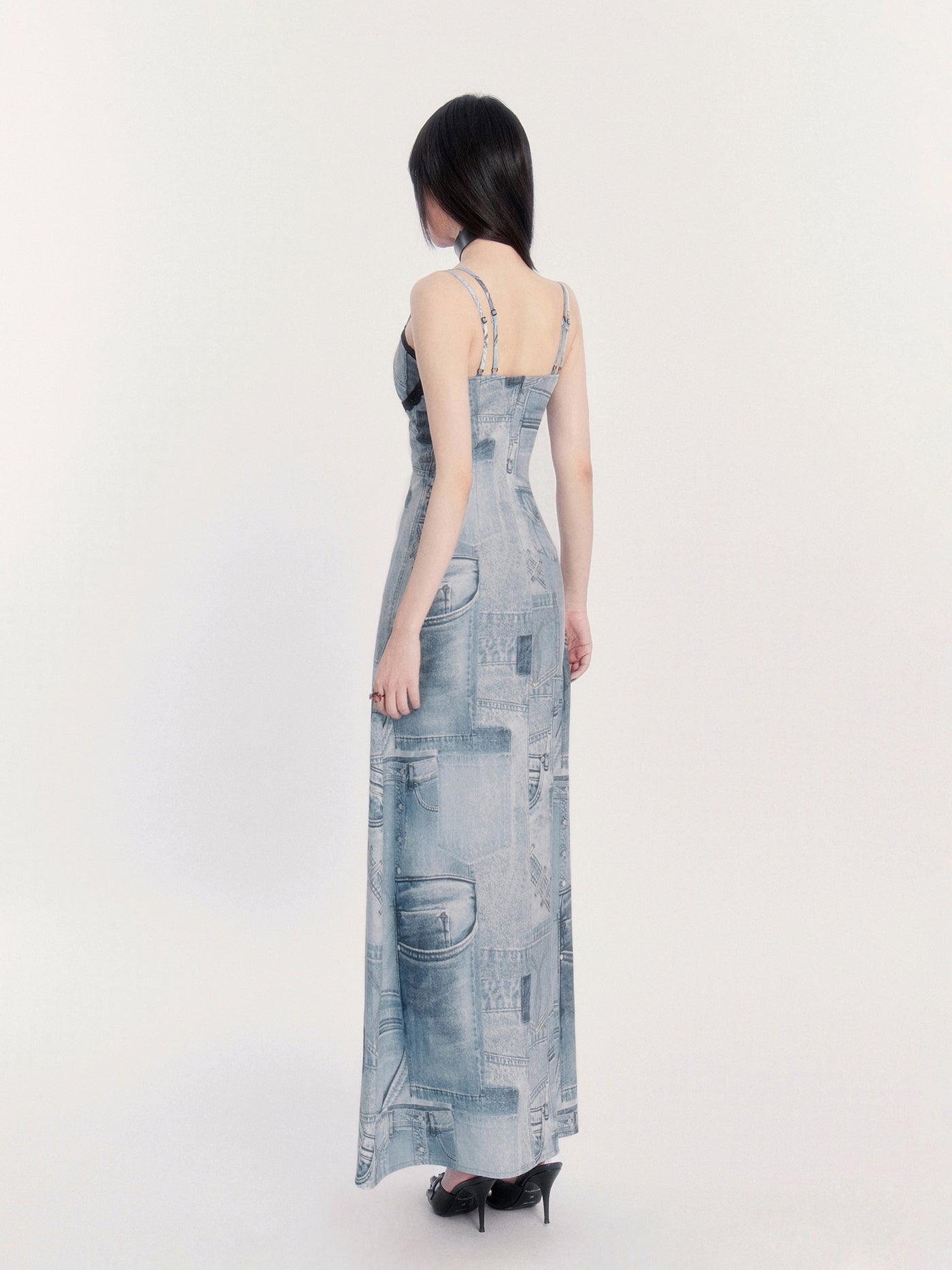Retro Denim Print Suspender Maxi Dress VOC0410