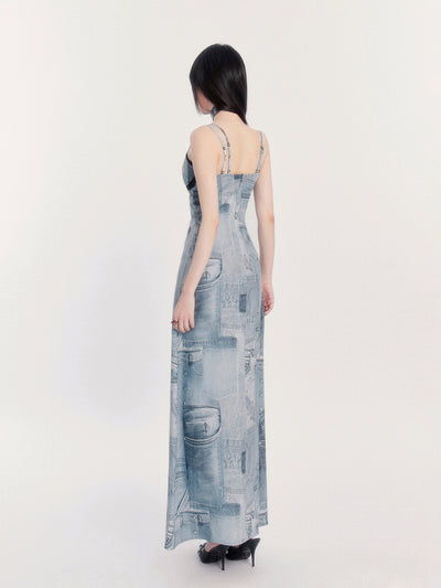 Retro Denim Print Suspender Maxi Dress VOC0410