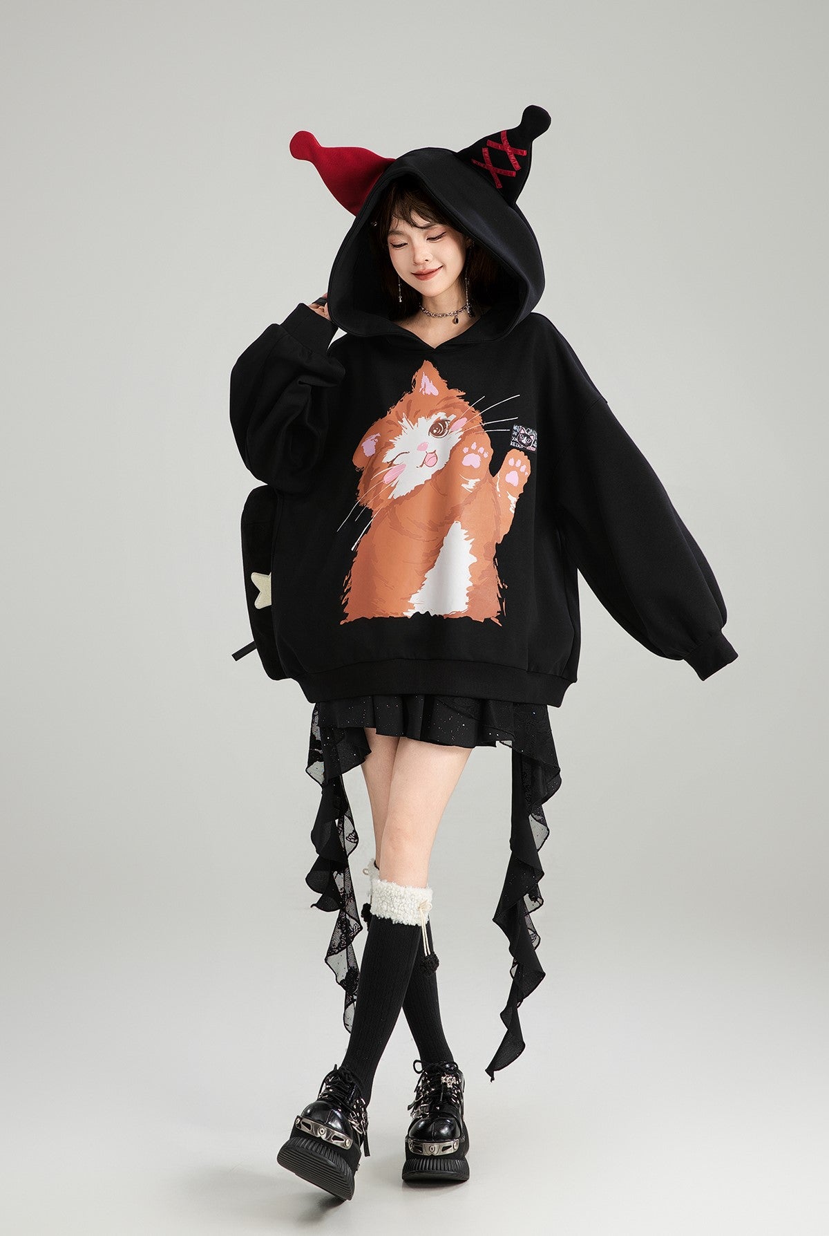 Cat Printed Loose Hooded Black Sweatshirt/Skirt KEI0181