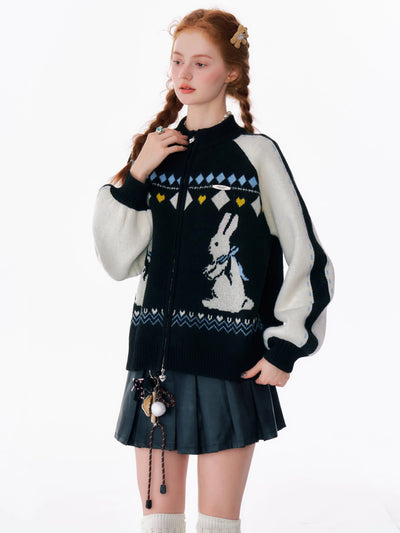 Retro Design Contrast Color Stitching Rabbit Sweater Zipper Cardigan ZIZ0187