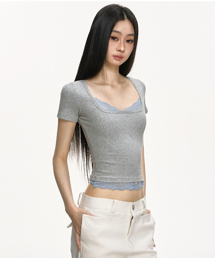 Lace Ribbed Fake Two-piece T-shirt ANA0005