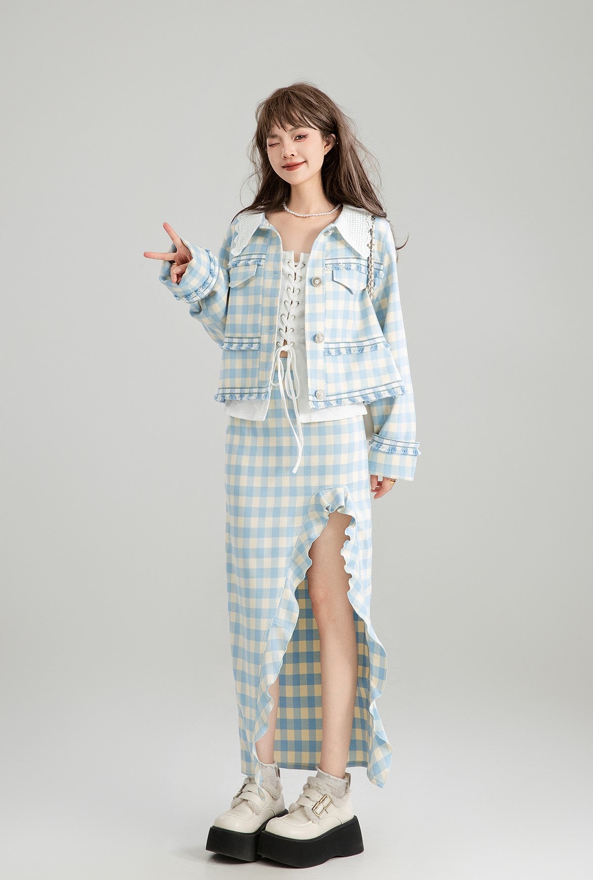 Blue And White Plaid French Short Jacket/Slit Skirt KEI0169