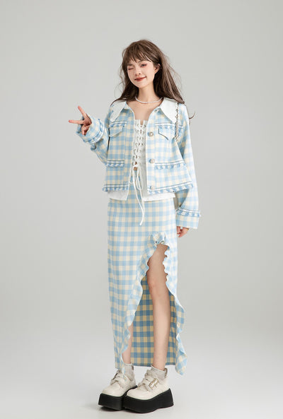 Blue And White Plaid French Short Jacket/Slit Skirt KEI0169