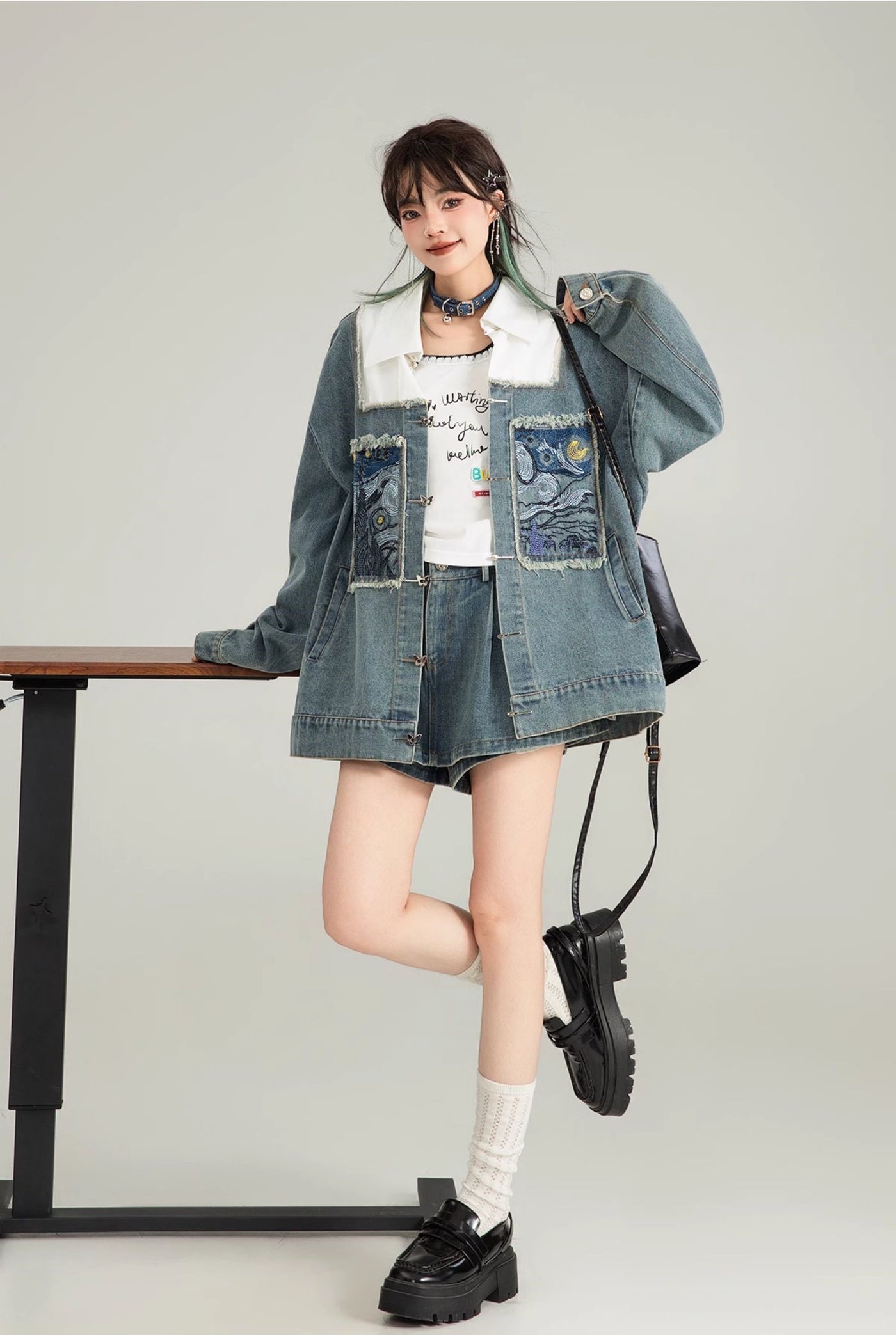 Literary Style Embroidered Denim Casual Jacket/Black Long Skirt KEI0122