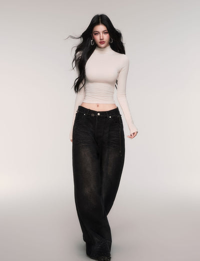 Black High-waisted Wide-leg Casual Jeans LUL0206