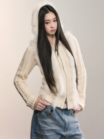 Fur Patchwork Knitted Hooded Cardigan VIA0356