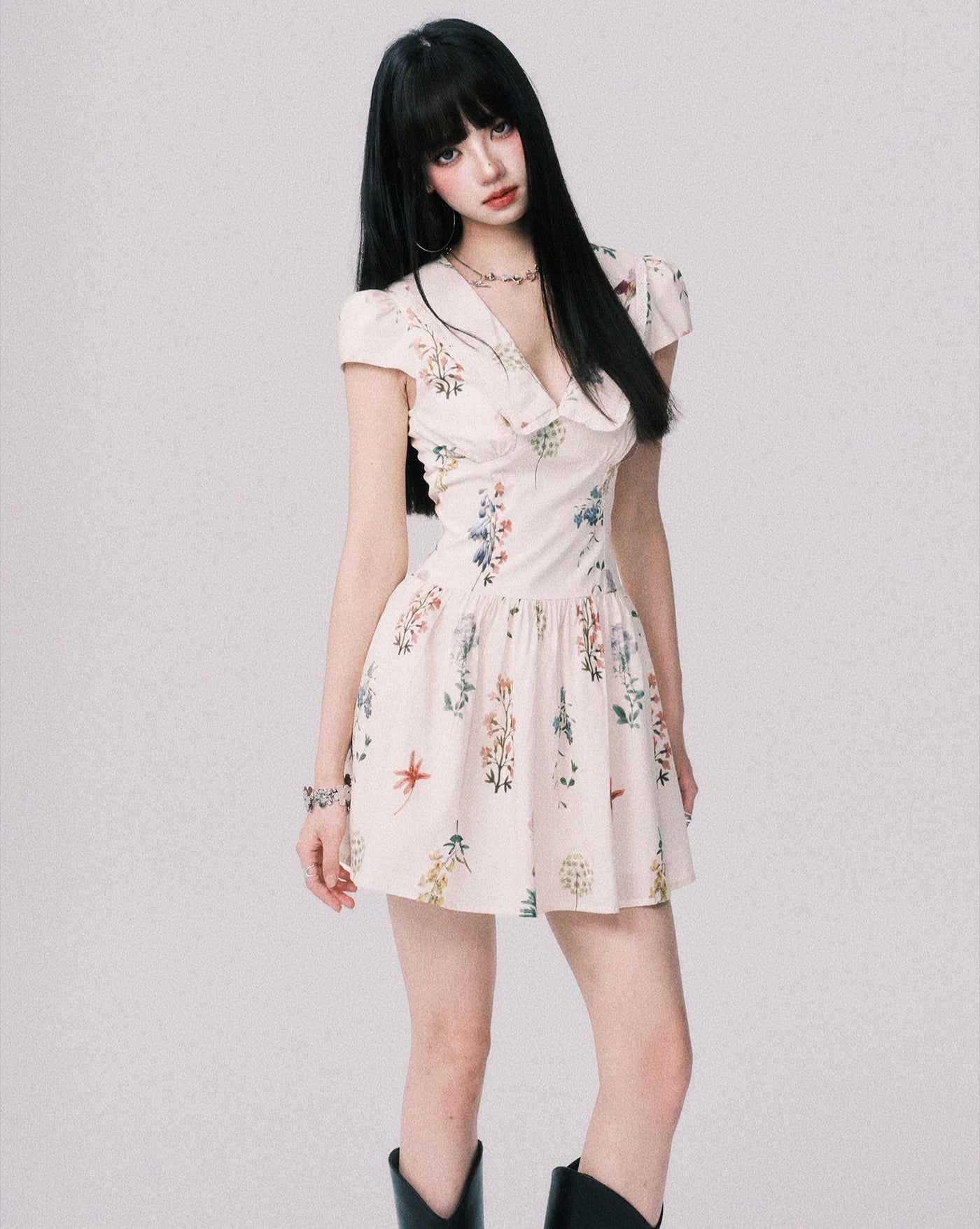 Plant Print French Doll Collar Dress LUL0157