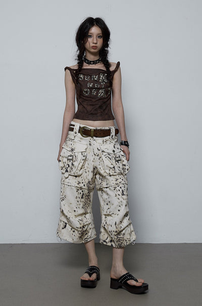 Wasteland Style Loose Leopard Print Two-wear Cropped Pants NOR0079