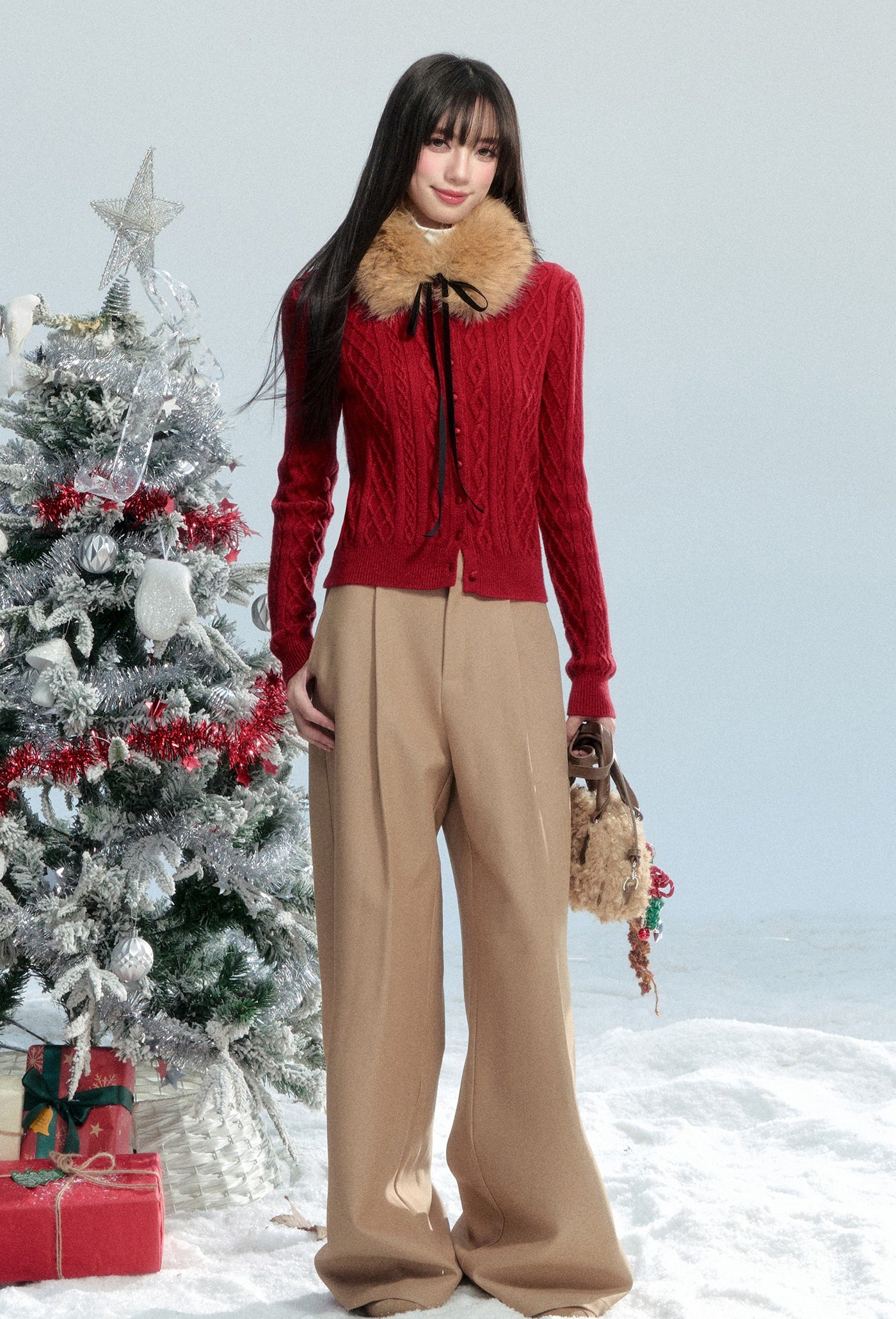 Detachable Fur Tie Cable Sweater FRA0473