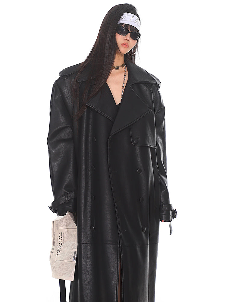 High-end Niche Silhouette Leather Long Coat UNC0154