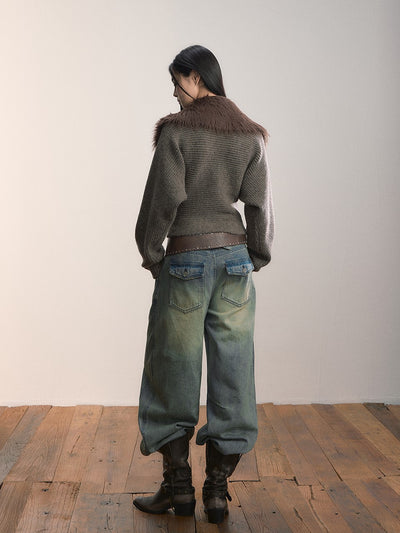 Fur Collar Wide-Sleeve Sweater Cardigan VIA0364