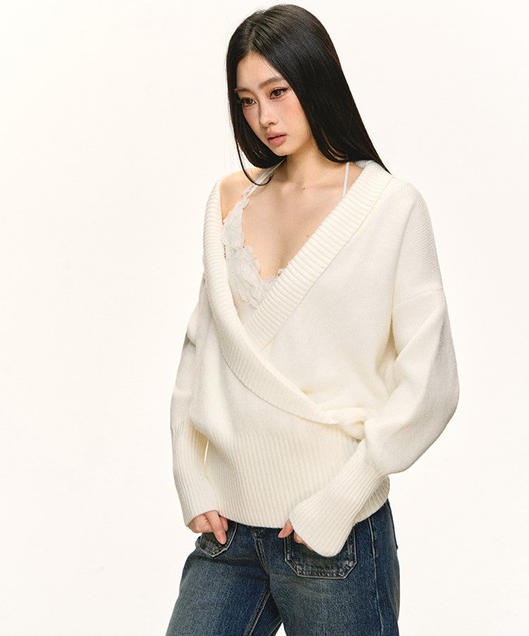 White V-neck Sweater/Lace Camisole ANA0091