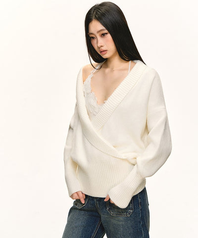 White V-neck Sweater/Lace Camisole ANA0091