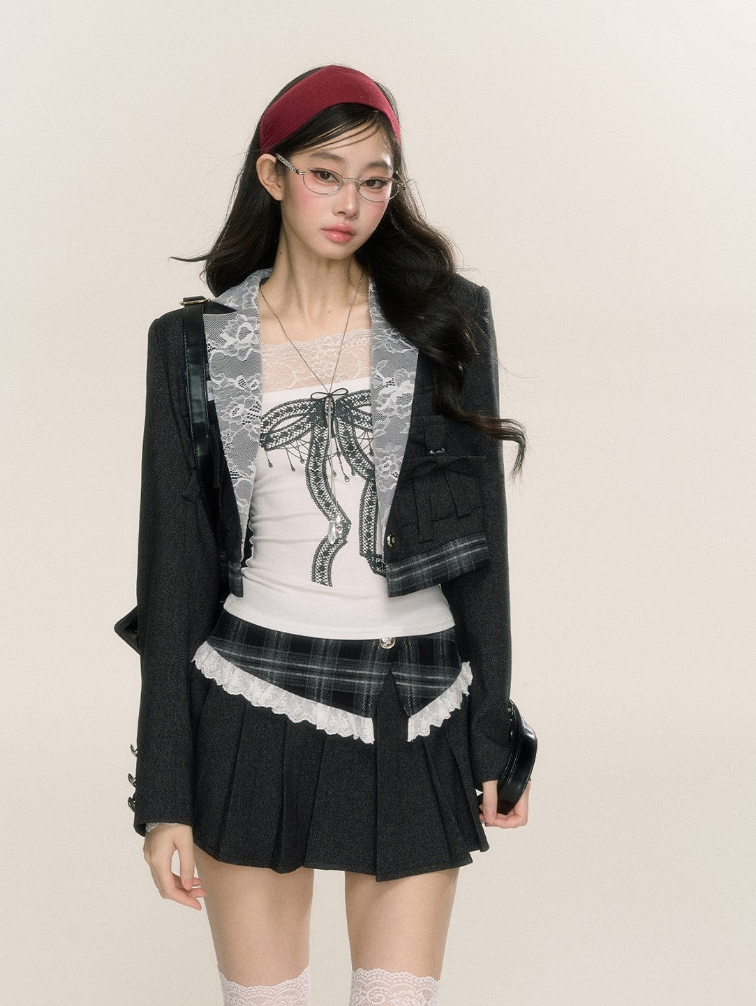 Long-sleeved Short Suit Plaid Jacket/Pleated Skirt DIA0235