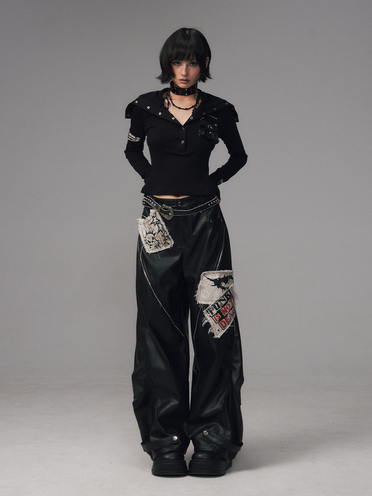 Punk Rock Zipper Split Print Leather Pants FRU0122