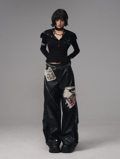 Punk Rock Zipper Split Print Leather Pants FRU0122