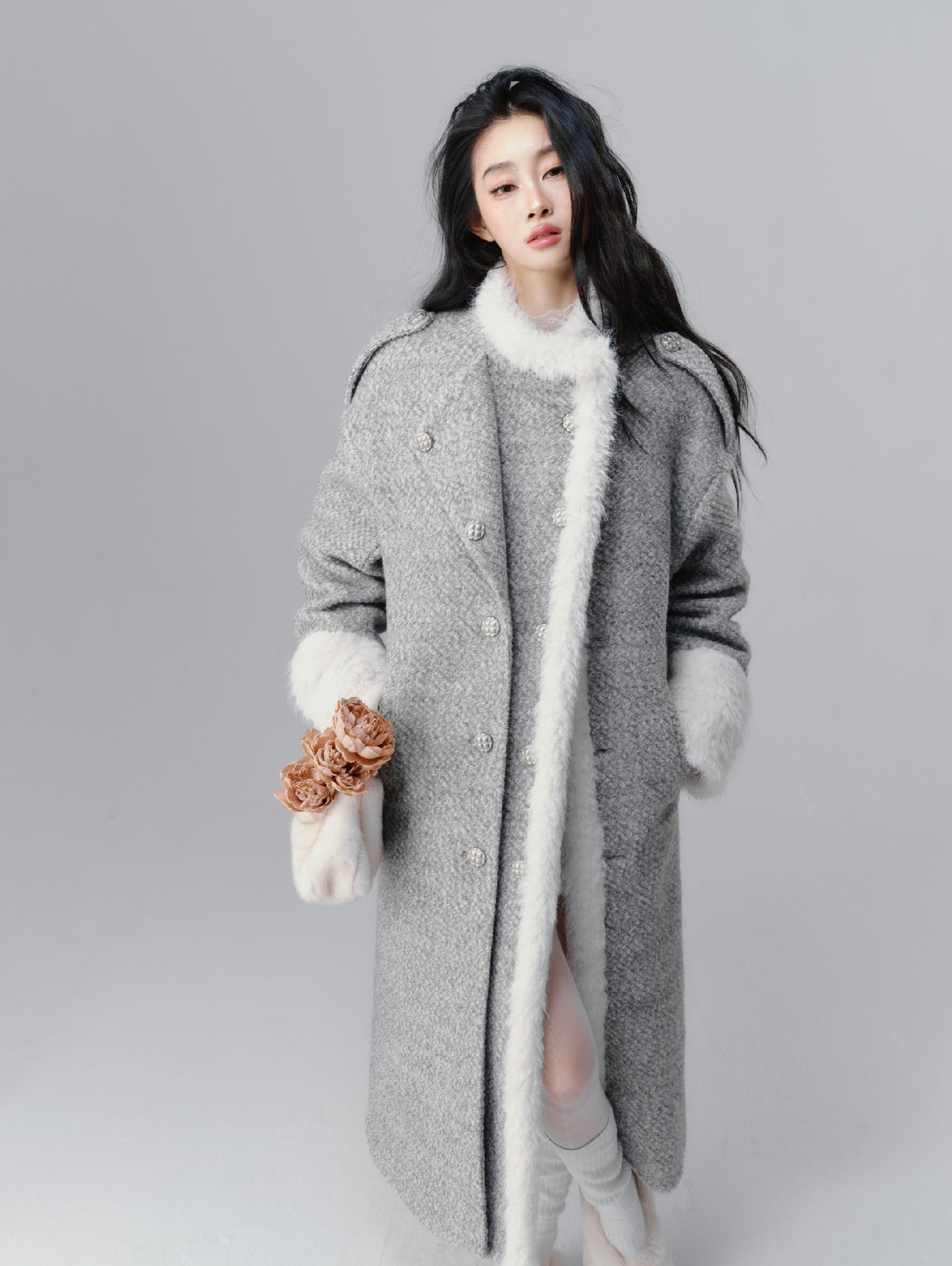 Icelandic Silver Snow Gray Fur Collar Woolen Long Coat SAL0093