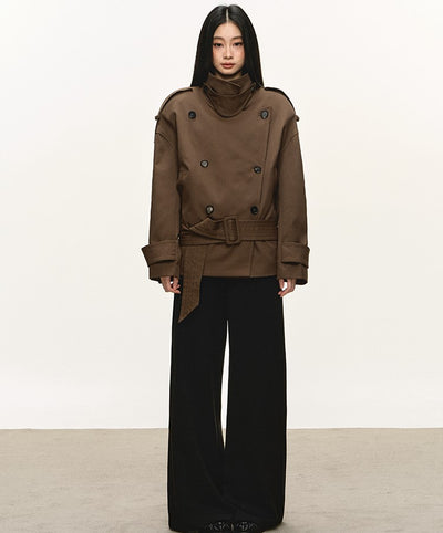 Dark Brown Stand Collar Short Trench Coat ANA0112