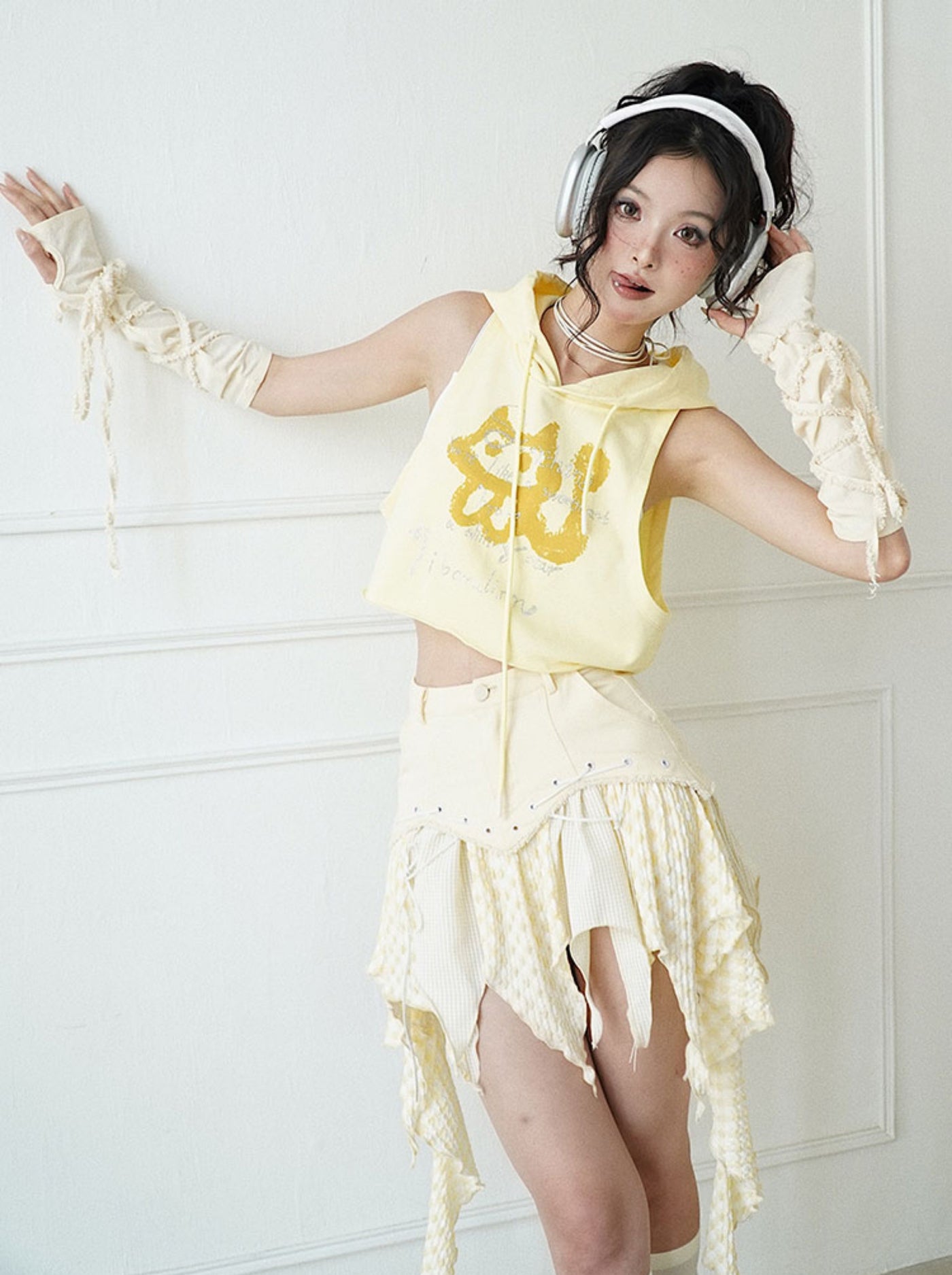 Cream Yellow Irregular Splicing Skirt WSW0001