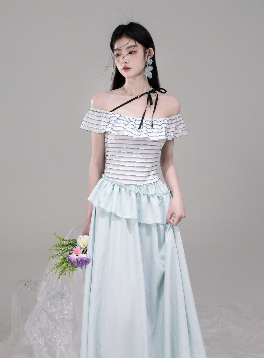 One-shoulder Splicing A-line Waist Dress COT0313