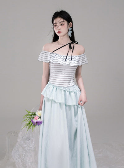 One-shoulder Splicing A-line Waist Dress COT0313