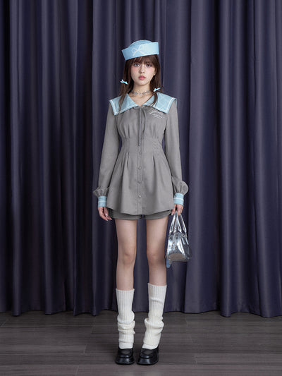 Gray-blue Sailor Collar Waist Dress/Shorts SAG0191