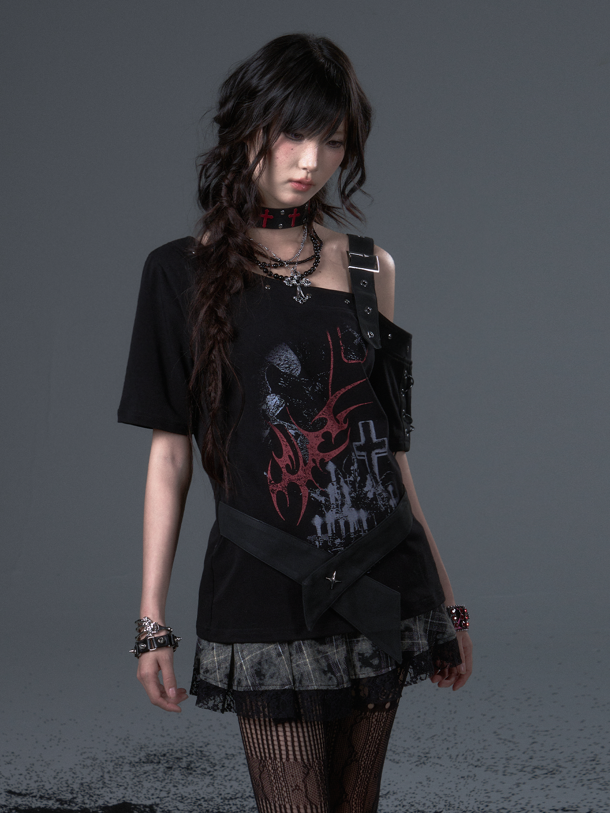 Punk Print Drop Shoulder Strap T-shirt FRU0102