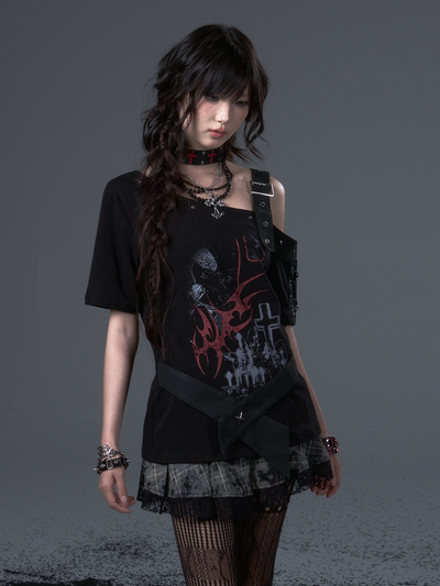 Punk Print Drop Shoulder Strap T-shirt FRU0102