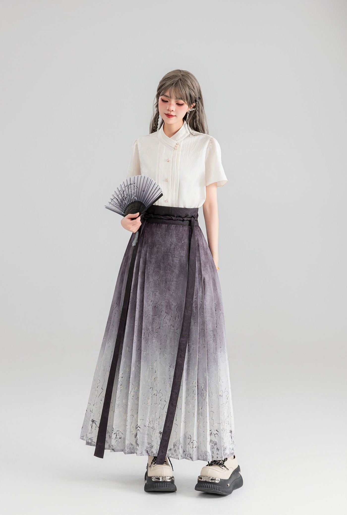 Ancient Style Wind Print Pleated Long Skirt KEI0064