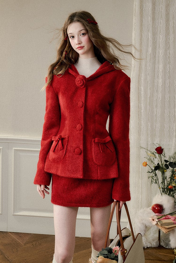 Berry Color Fluffy Bow Rose Decorated Jacket/Skirt GRO0092