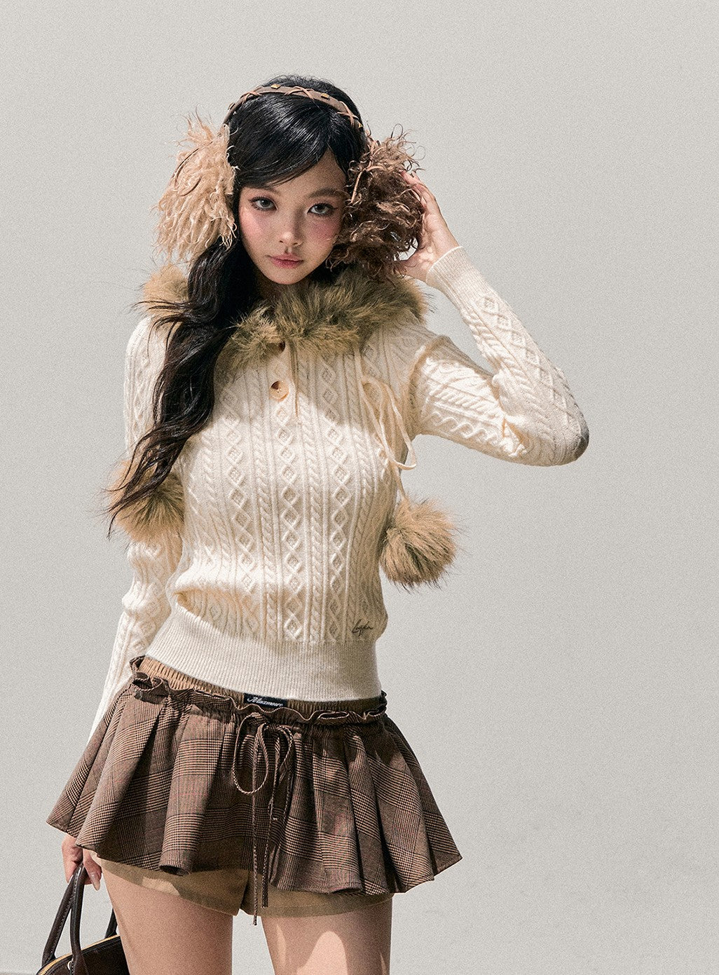 Fur Hooded Cable Knit Sweater DIA0768